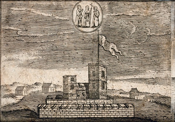 A building flying a pennent from a tower, surrounded by small houses; above, the appearance of three nuns holding rosaries, one of them carrying a cross. Engraving, 16--.