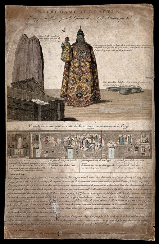 The sculpted image of the Holy Virgin of Loreto, a robe and three plates supposed to be used by the Virgin as they were sent to Paris by General Buonaparte; underneath is a view of the Casa Santa at Loreto. Etching.