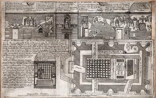 Interior of the Santa Casa at Loreto and of the altar at its outside; on the bottom right a ground plan of the Santa Casa. Etching.