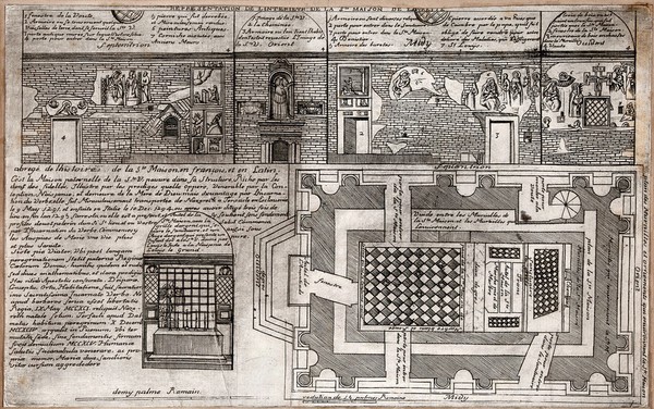 Interior of the Santa Casa at Loreto and of the altar at its outside; on the bottom right, a ground plan of the Santa Casa. Etching.