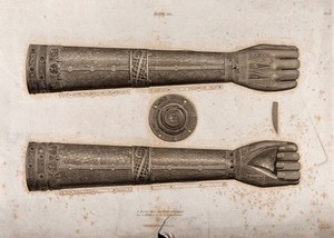 view An Irish bronze reliquary in the form of a human arm, made to house an arm of Saint Lachtin. Etching by James Basire.