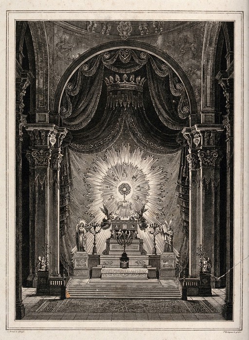 The altar of the Royal Archconfraternity of the Forty Hours. Engraving by P. Hortigosa after J. Abrial.