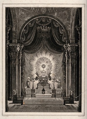 view The altar of the Royal Archconfraternity of the Forty Hours: the Host in glory above the altar, surmounted by a baldachin. Engraving by P. Hortigosa after J. Abrial.