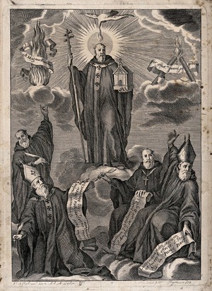 view Saint Basil the Great, praised by four clerical saints. Engraving by J.F. Palomino.