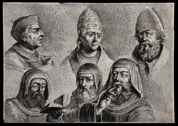 A pope, a cardinal, a bishop and three monks. Engraving.
