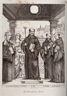 Five Benedictine saints: Saint Benedict, Saint Scholastica, Saint Justina, Saint Maurus, and Saint Placidus. Etching by Anna Jameson.