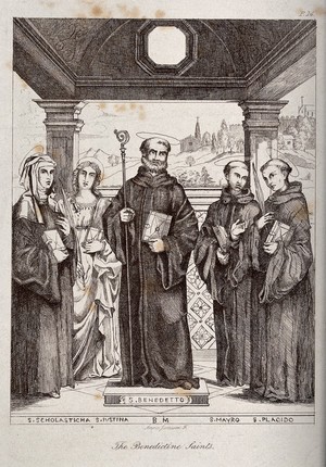 view Five Benedictine saints: Saint Benedict, Saint Scholastica, Saint Justina, Saint Maurus, and Saint Placidus. Etching by Anna Jameson.