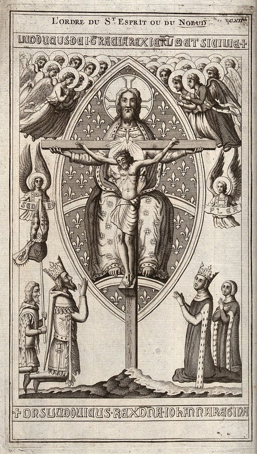 Throne of Mercy venerated by angels, Louis I Anjou, King of Sicily and Joan I, Queen of Sicily. Engraving.