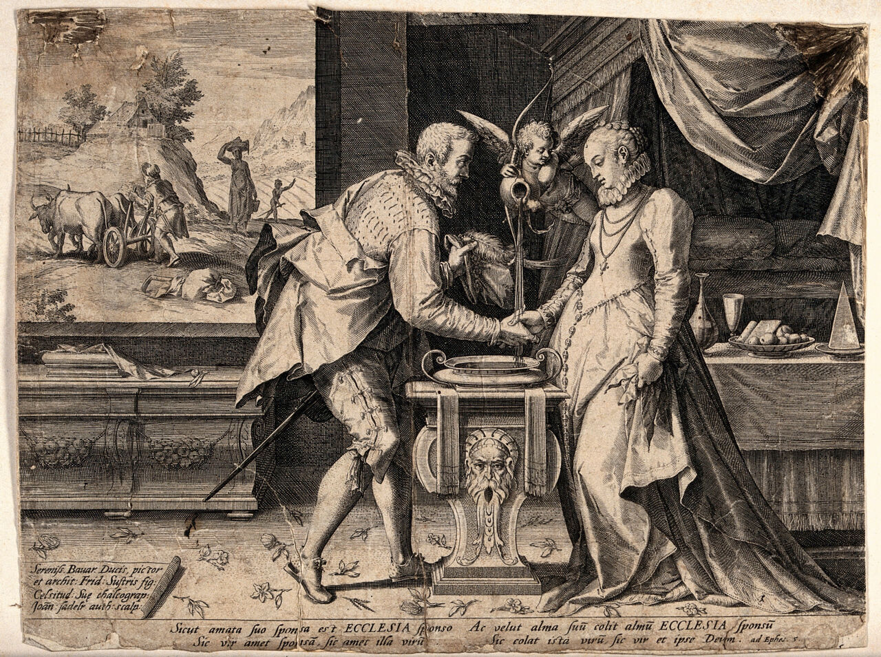 An allegory of marriage: an angel pours water over the conjoined right hands of a gentleman and a lady. Engraving by Jan Sadeler after F. Sustris., 1590-1599, by Friedrich Sustris