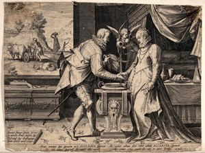 view An allegory of marriage: an angel pours water over the conjoined right hands of a gentleman and a lady. Engraving by Jan Sadeler after F. Sustris.