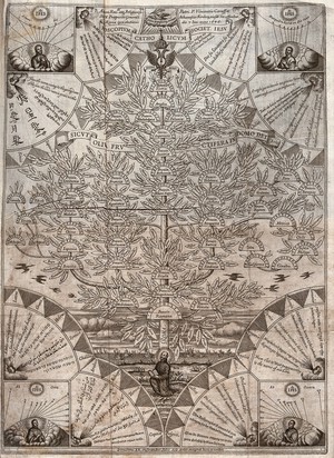 view A family tree of the provinces and colleges of the Jesuit order, with horological markings to show the time in each location relative to noon in Rome. Engraving after A. Kircher, 1646.