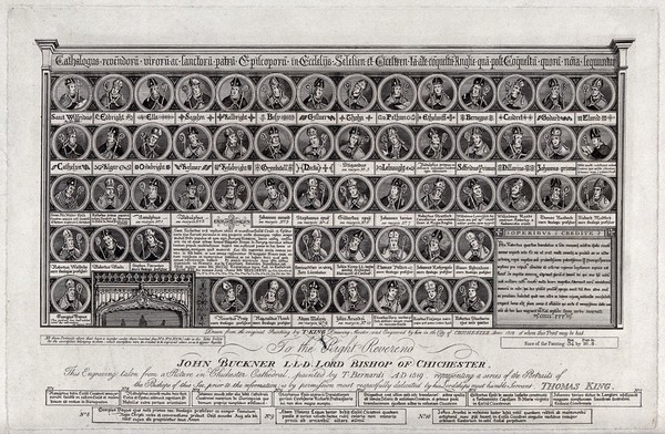 Forty eight bishops of Chichester. Engraving by Thomas King, 1812, after T. Bernardi, 1519.