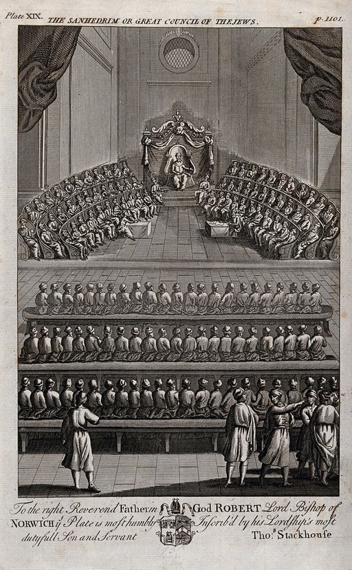 The Sanhedrim or great council of the Jews. Etching by Thomas Stackhouse.