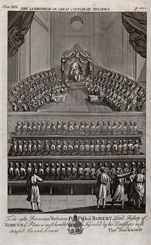 view The Sanhedrin or great council of the Jews. Etching, 1744.