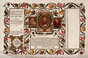 view A private papal indulgence granted to the Rev. Timothy Gibberd. Colour lithograph, 18--.