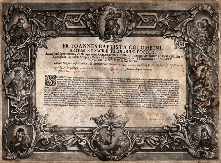 A Blessing Bestowed By G B Colombini On Benefactors To The Franciscan Order Mezzotint And Letterpress Wellcome Collection