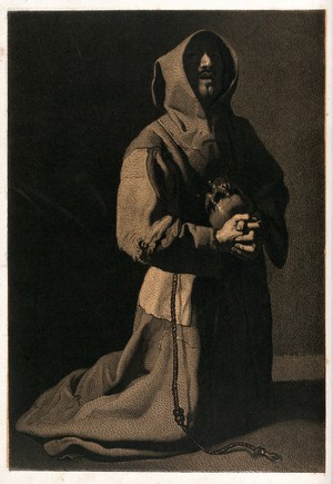 view Saint Francis of Assisi kneeling in prayer, holding a skull. Engraving by Alphonse Charles Masson, 1849, after Francisco Zurbarán.