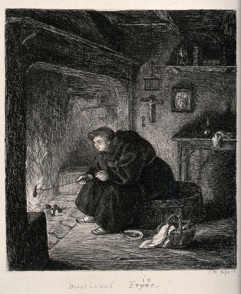 A fat friar sitting on an open fireplace and frying a drumstick. Etching by Charles West Cope., 1800-1899, by Charles West Cope