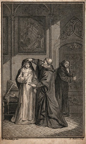 The prior of the Abbaye Saint-Martin-des-Champs in Paris, aided by a young monk, attempts to persuade Sister Marie Héroët give him sexual gratification at the convent of Gif. Etching by L. Halbou after S. Freudenberg.