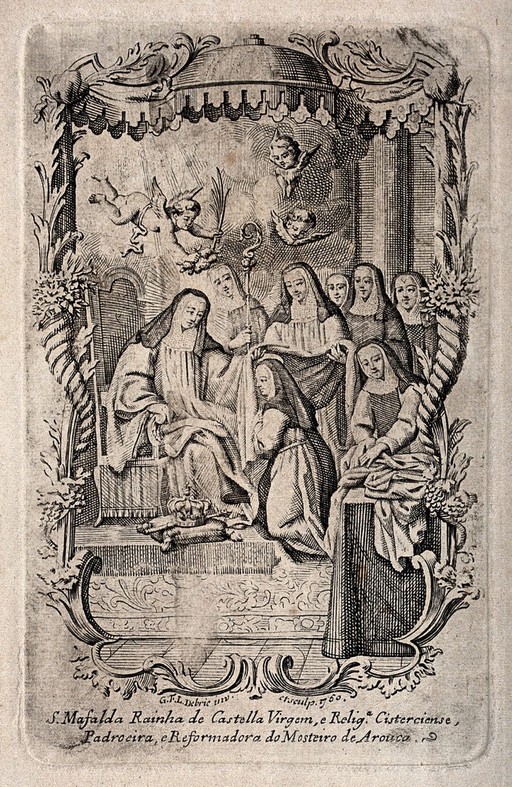The Cistercian saint Mafalda, Queen of Castile, enthroned and surrounded by other Cistercian nuns. Etching by G.F.L. Debrie, 1750.