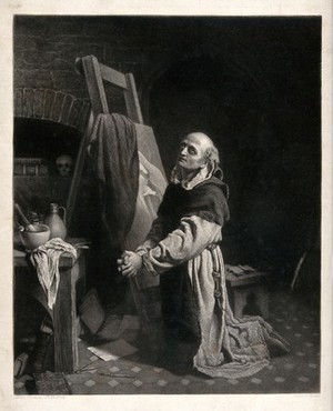 view The painter and monk Fra Angelico kneels in prayer next to an easel painting of the Virgin. Engraving by John Le Conte after Peter Graham.