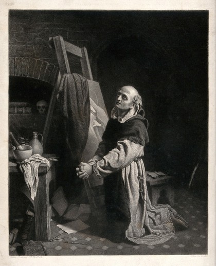 The painter and monk Fra Angelico kneels in prayer next to an easel painting of the Virgin. Engraving by John Le Conte after Peter Graham.