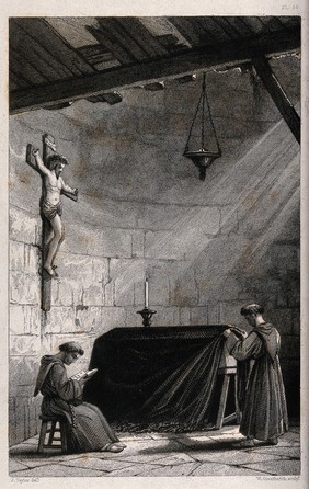 Two monks guarding a coffin inside an old building. Etching by W. Greatbach after J. Taylor.