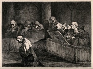 view Monks singing the Liturgy of the Hours; one monk doing penance. Etching by J.J. de Boissieu, 1795.