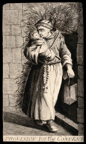 A monk carries a small child at night, while on his back he carries a bundle in which the face of a woman is visible: he is delivering them to a convent. Etching.