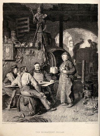 Three coopers working to repair barrels in a German monastery cellar are served with tankards of beer. Etching by Carl Vaditz after Eduard Grützner.
