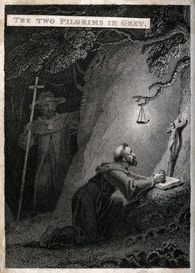 A pilgrim discovers a monk at night who kneels in prayer before the Cross. Etching by C. Heath after R. Westall.