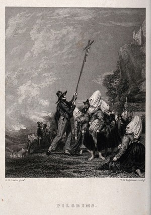 view Pilgrims raising a cross at a mountainous shrine in Austria. Engraving by T. S. Engleheart after G. R. Lewis.