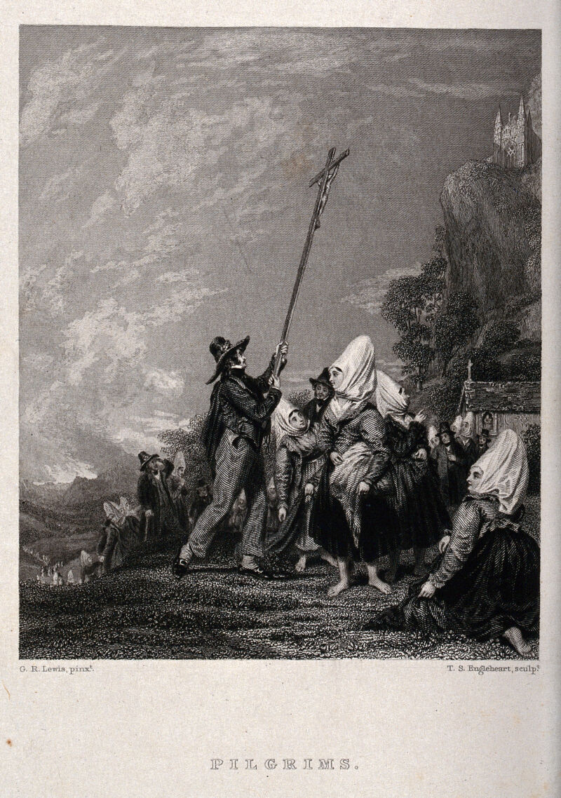 Pilgrims raising a cross at a mountainous shrine in Austria. Engraving by T. S. Engleheart after G. R. Lewis., Nov. 1834, by George Robert Lewis