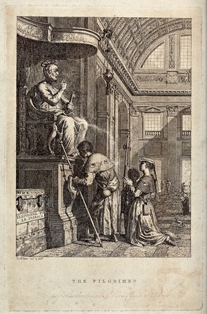 view Pilgrims in St. Peter's in Rome pay devotion to the statue of St. Peter. Etching by D. Allan.