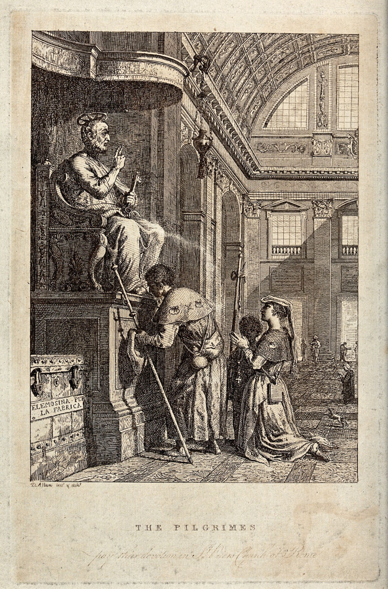 Pilgrims in St. Peter's in Rome pay devotion to the statue of St. Peter. Etching by D. Allan., 1770-1779, by David Allan