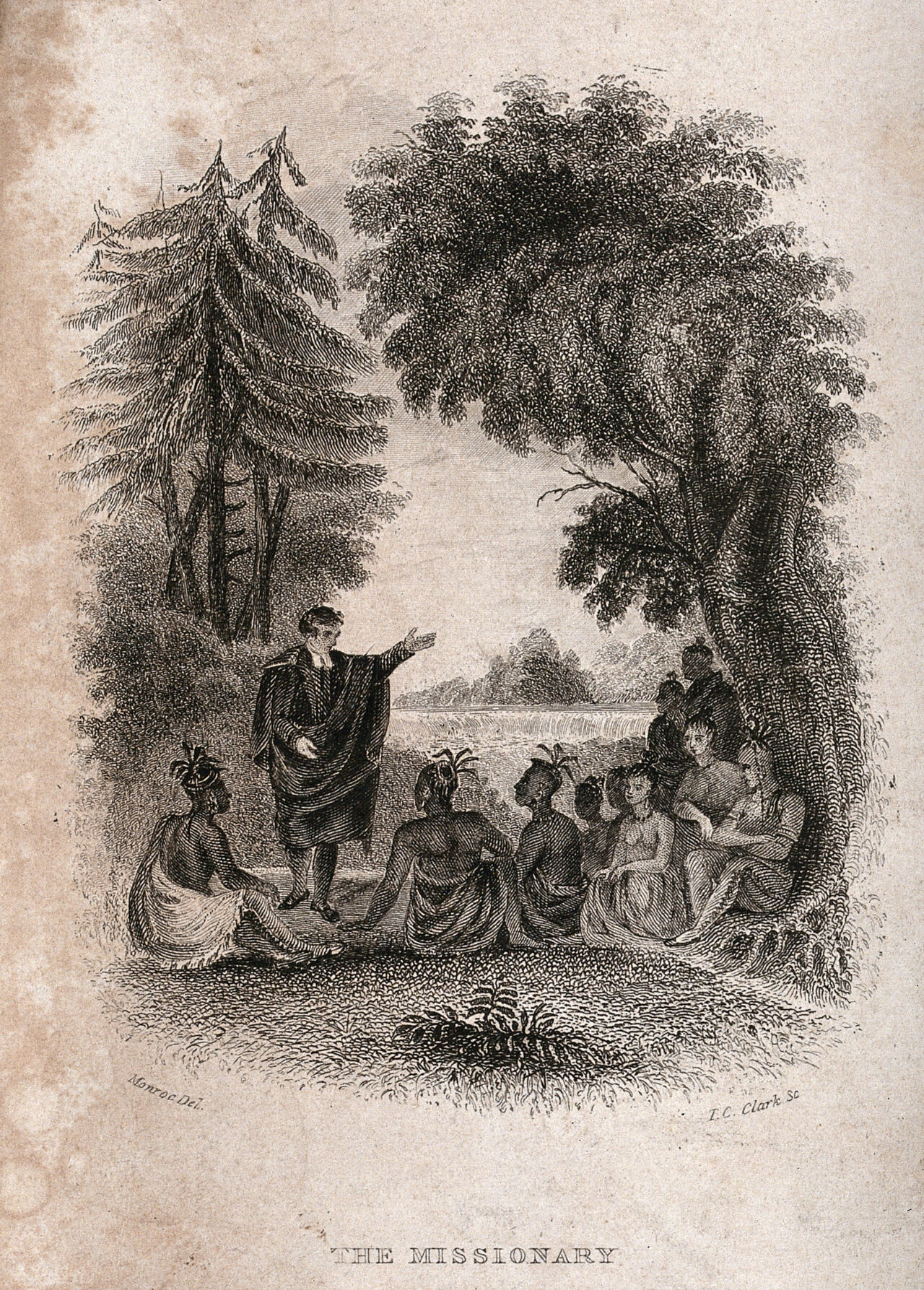 A missionary preaching to native Americans. Engraving by T.C Clark after Monroe., 1800-1899, by Monroe