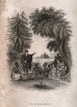 A missionary preaching to native Americans. Engraving by T.C Clark after Monroe.