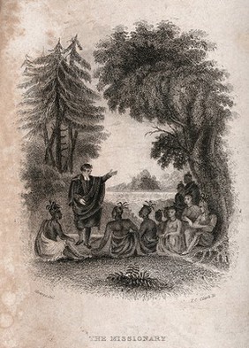 A missionary preaching to native Americans. Engraving by T.C Clark after Monroe.