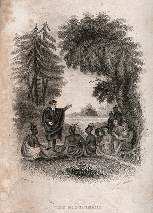 view A missionary preaching to native Americans. Engraving by T.C Clark after Monroe.