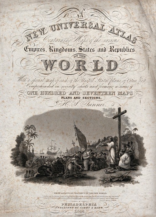 Title page of an atlas including a scene of Columbus arriving in America. Engraving by J. Knight (the lettering) and by W. Humphrys, 1844, after Barralet.