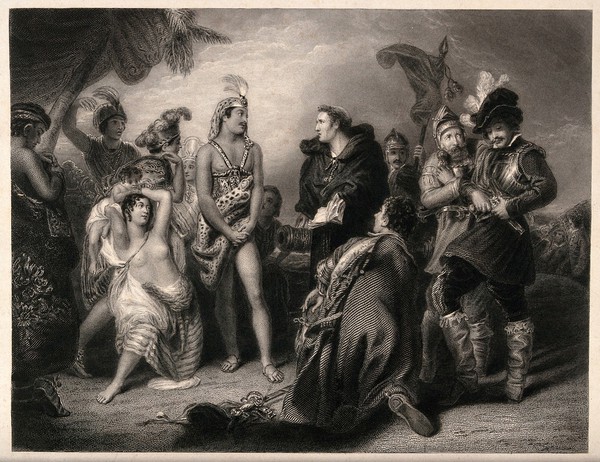 Vincente Valverde trying to persuade the Inca to convert to Christianity rather than be massacred by Pizzarro. Engraving by W. Greatbach after H.P. Briggs.