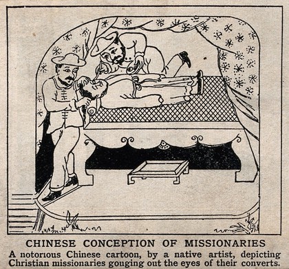 Two missionaries gouging out the eyes of a Chinese convert. Line photoengraving, 1915.