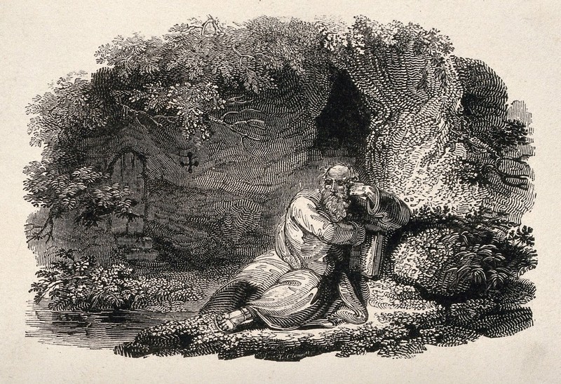 A hermit in meditation: the hermit of Warkworth, Northumbria. Wood engraving by Luke Clennell., 1800-1899, by Luke Clennell