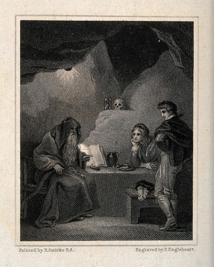 An episode in 'Gil Blas': Gil Blas and Don Alphonso, on the road from Toledo to Cuenca, receive advice from a hermit who subsequently reveals himself as their friend Don Raphael in disguise. Engraving by F. Engleheart after R. Smirke.