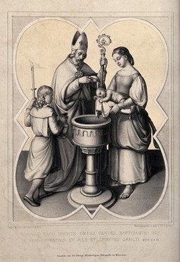 A bishop baptizes a child held by its mother. Lithograph by J.G. Schreiner after M. Seitz after H.M. von Hess.