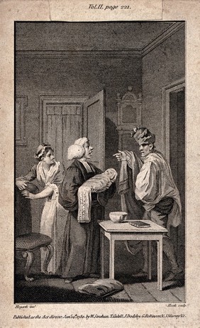 The baptism of Tristram Shandy. Etching by J. Heath, 1780, after W. Hogarth.