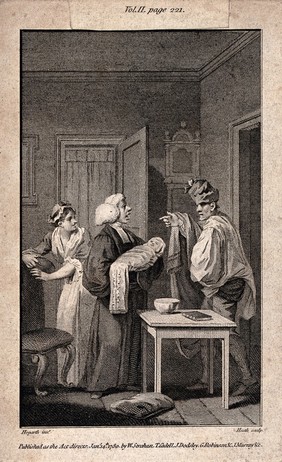 A milk maid holding a milk pail on her head. Engraving by J. Moore after W.  Hogarth.