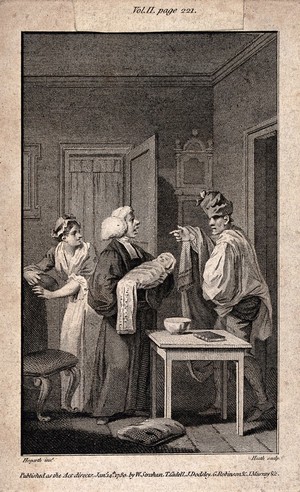 view The baptism of Tristram Shandy. Etching by J. Heath, 1780, after W. Hogarth.