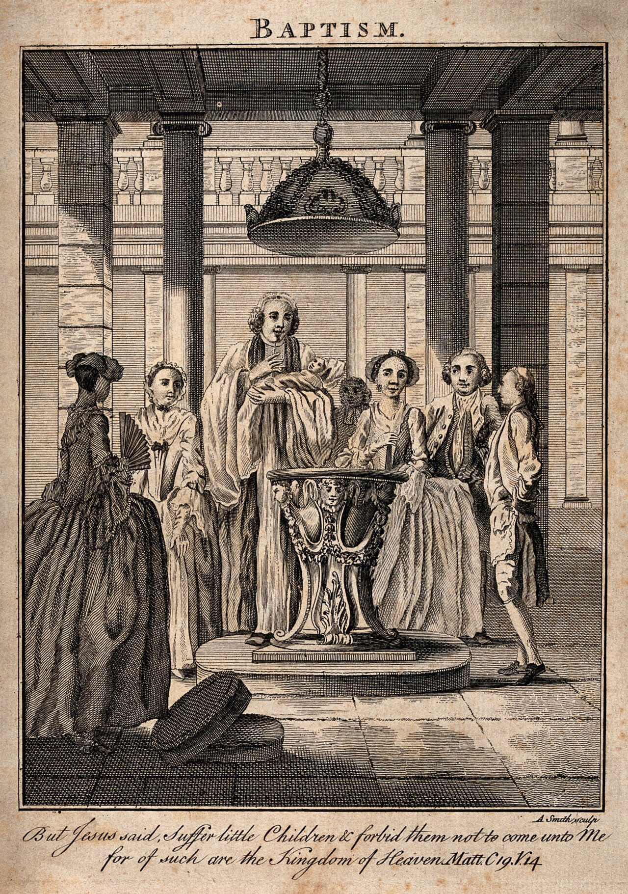 A baptism in an Anglican church. Etching by A. Smith., by Anker Smith