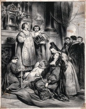 view A priest pronouncing a benediction on a dead child. Lithograph, 18--.